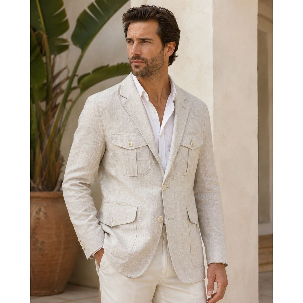 Banana Republic Mens 36S Linen Cotton Blend Sailor Blazer Tailored Fit Oatmeal